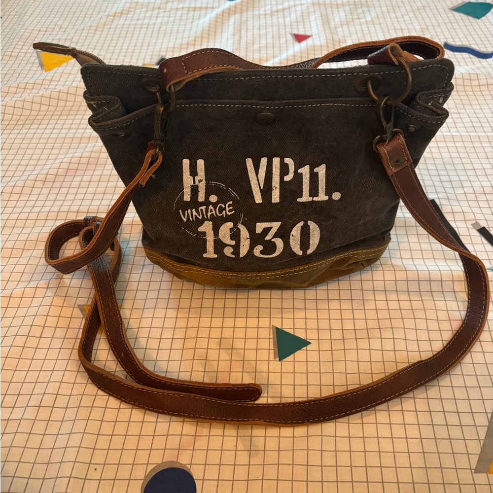 Vintage Canvas Shoulder Bag - Brown and Gray